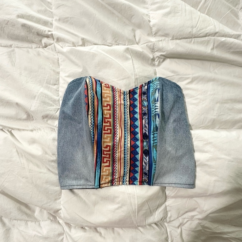Women’s Denim Bustier Top Small Aztec Print Blue Orange Geometric Jean Crop Top - Picture 1 of 5